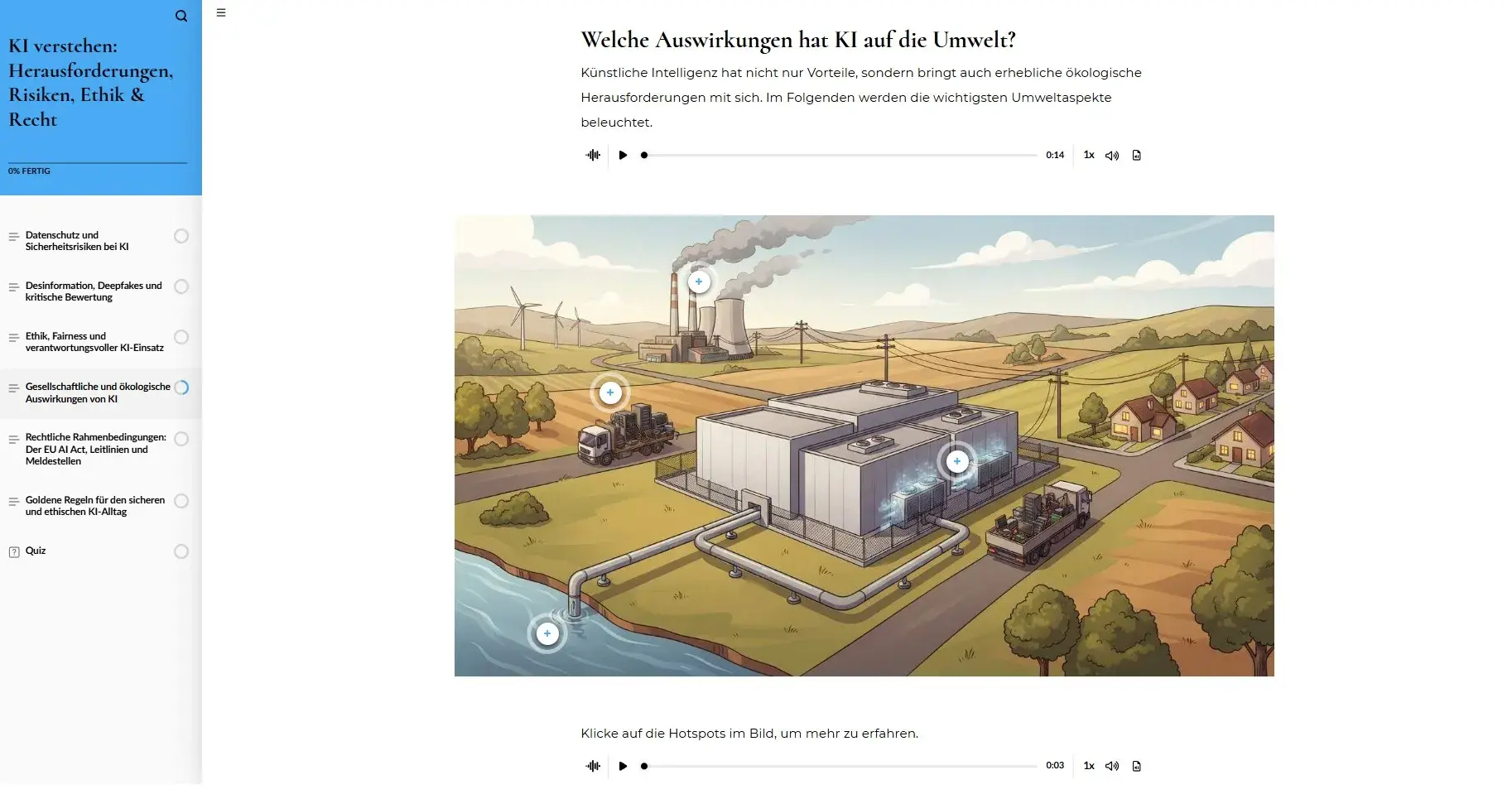 Screenshot aus ICDL KI eLearning Kurs: Thema: Auswirkungen auf die Umwelt