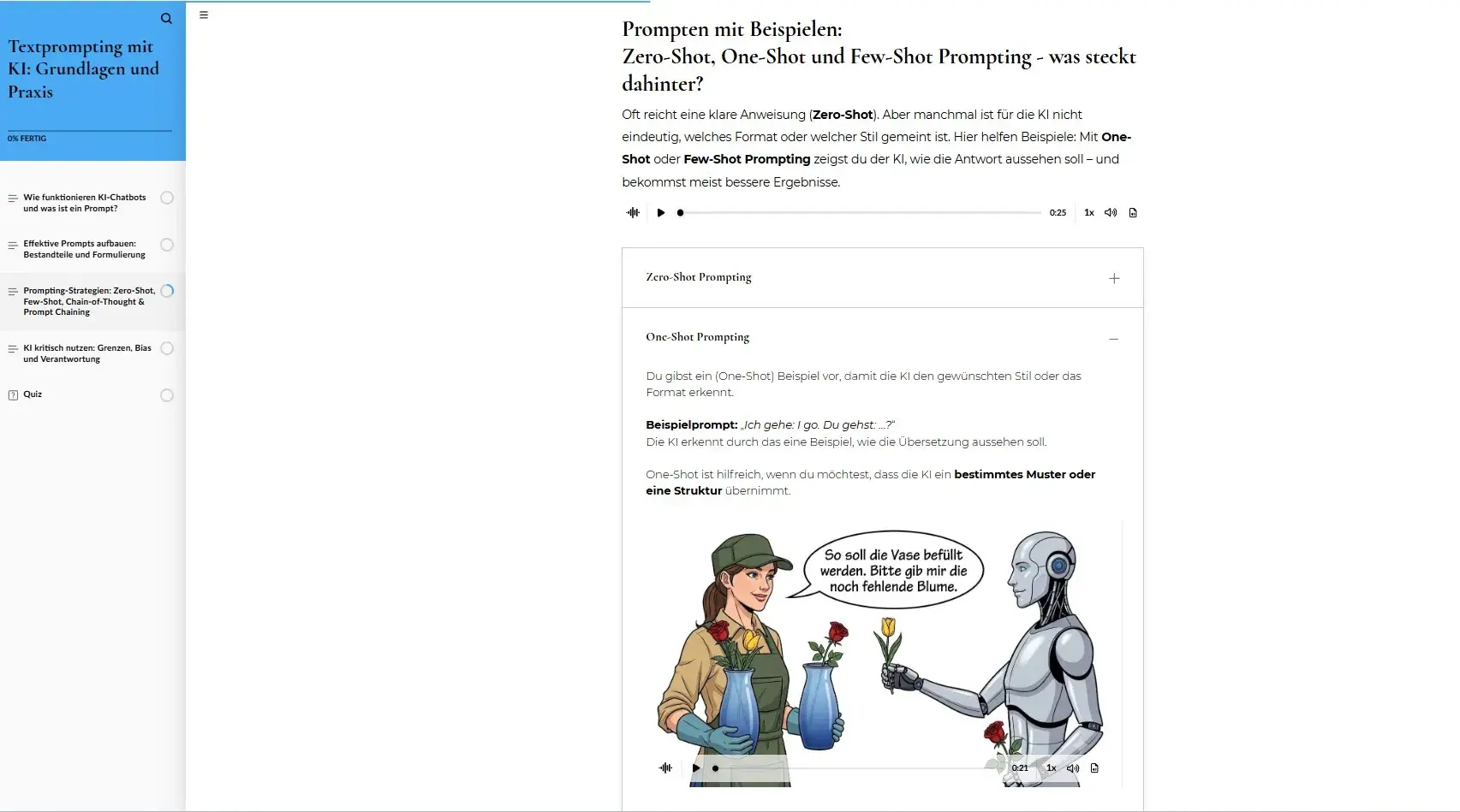 Screenshot aus dem ICDL eLearning Kurs KI aus dem Kapitelabschnitt "Textprompting!