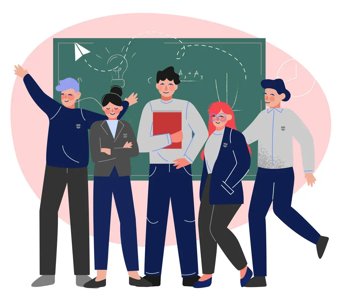 © 2026 iStockphoto LP Group of Students or teachers Standing Together in Front of Blackboard, Teenage Boys and Girls in Uniform in Classroom Illustration