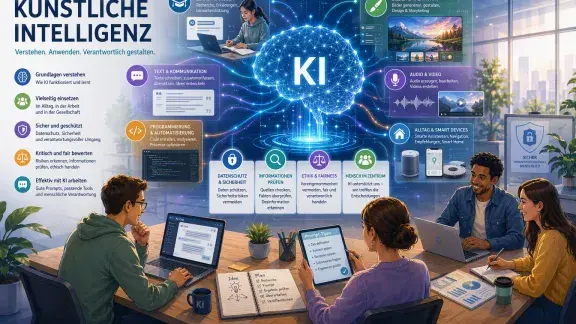 Übersichtsgrafik für die sechs Kapitel des ICDL eLearnings für KI, Bild KI-generiert