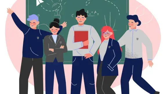 © 2026 iStockphoto LP Group of Students or teachers Standing Together in Front of Blackboard, Teenage Boys and Girls in Uniform in Classroom Illustration