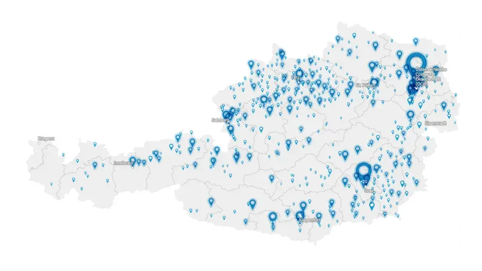 Österreich Karte mit ICDL Schulen eingezeichnet