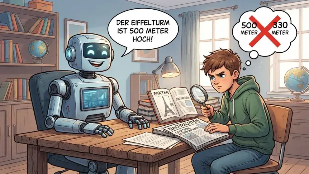 Roboter hinter Schreibtisch, Sprechblase: Der Eiffelturm ist 500 Meter hoch! Junge Person gegenüber mit Büchern und Lupe, Gedankenblase durchgestrichen: 500 Meter, 300 Meter 