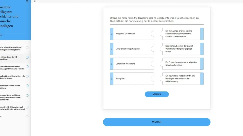Screenshot aus dem ICDL eLearning Kurs KI: zeigt eine Aufgabe (Begriffe zuordnen, wie puzzlen) 