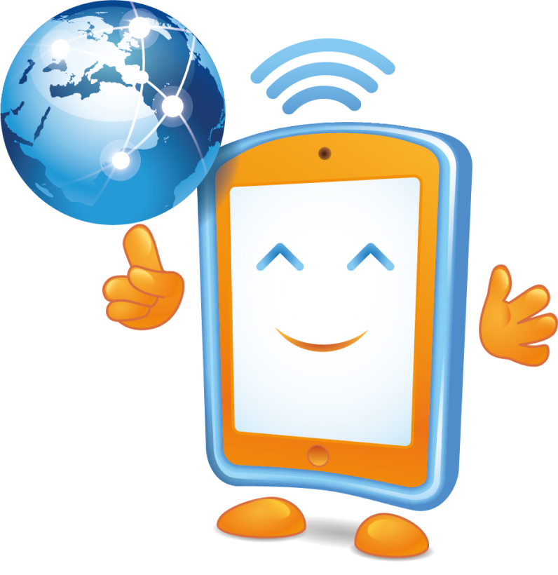 Logo von saferinternetday.org, Illustration: Freundliches Smartphone, das eine Weltkugel balanciert
